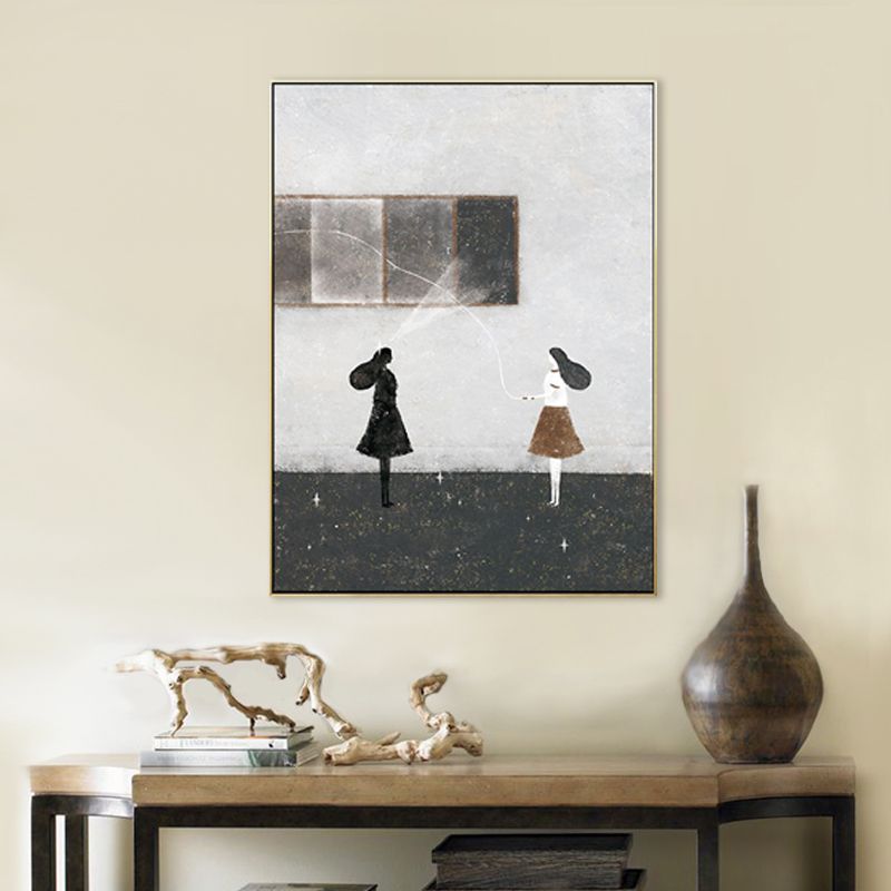 Girls Leisure Time Canvas Print Childrens Art Textured Living Room Wall Decor in Dark Color