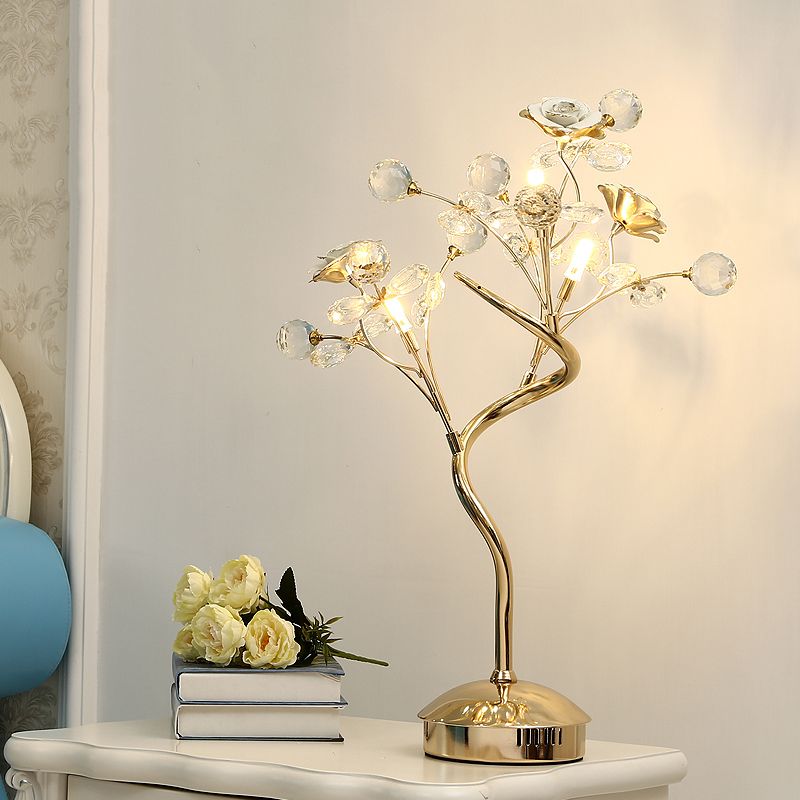 White/Pink Floret Table Lighting Pastoral Style Crystal 3 Heads Lounge Night Lamp with Ceramic Accent