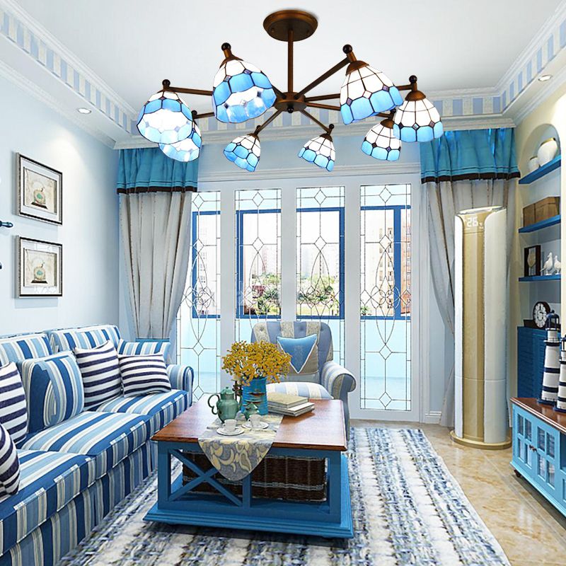 Koepelvormige hangende hanger Rustiek gebrandschilderd glas 8 Lichten kroonluchter licht in rood/blauw/geel voor slaapkamerverlichting