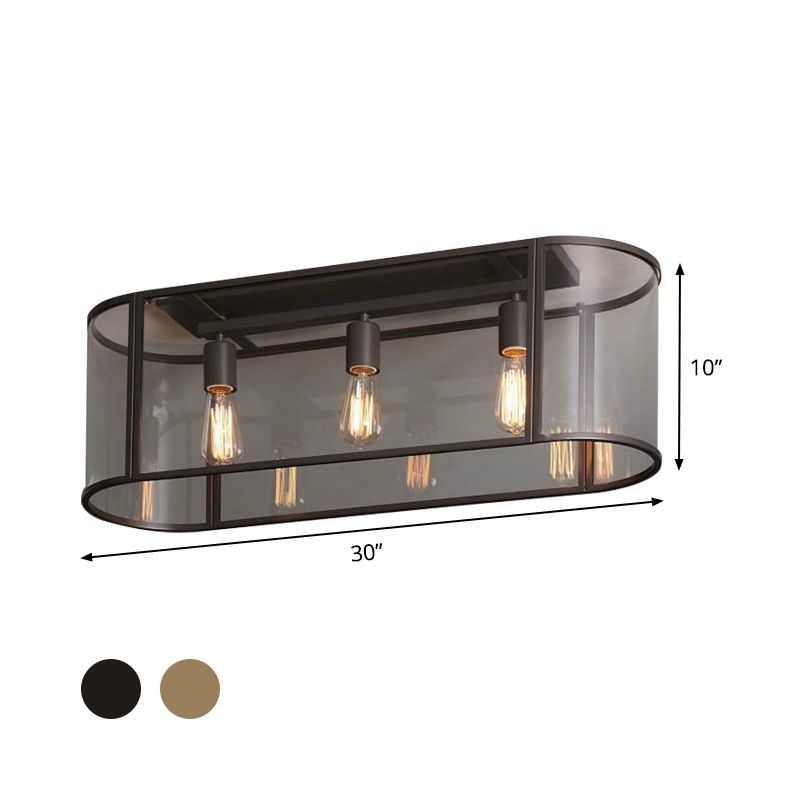 3 Heads Flush Light Warehouse Corridor Metal Flush Mount Lighting with Oval Clear Glass Shade in Black/Gold