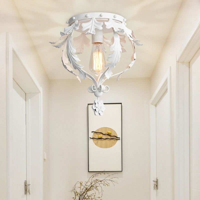 Single Inverted Leaf Crown Flush Light Rustic Grey/White/Gold Metal Ceiling Mounted Lamp for Corridor