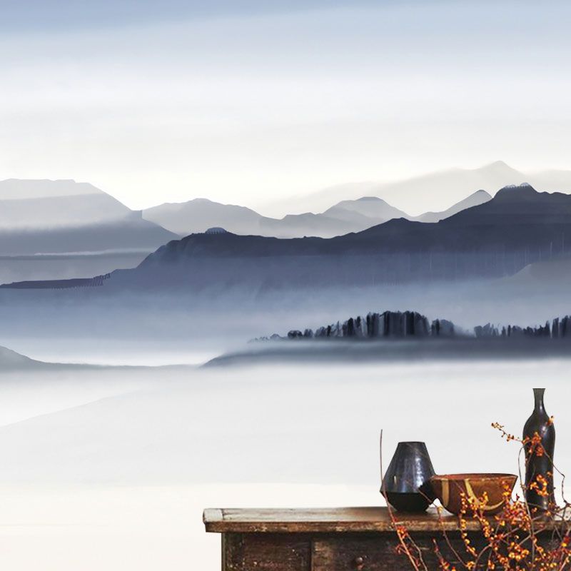 Blue and Grey Minimalist Mural Wallpaper Full Size Mountain Wall Covering for Accent Wall