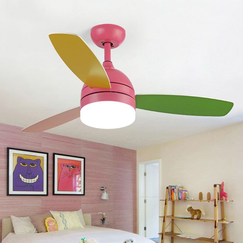 Dome Pendant Fan Lighting Kids Acrylic LED Pink/Blue Semi Flush Mount Light with 3 Colorful Blades for Bedroom, 39" Wide