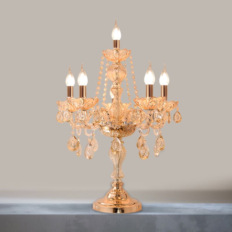 5/6 têtes Candelabra Table Light Traditional Gold Crystal Droplets Tablette de nuit avec / Sans nuance de tissu de cloche blanche