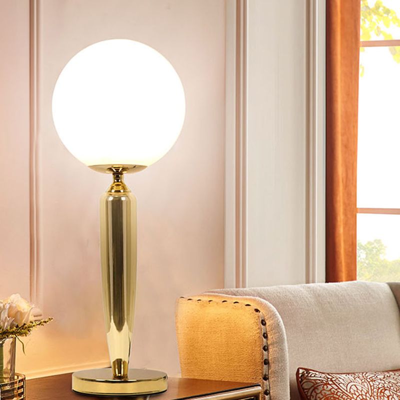Modern Style Spherical Night Table Lamp White Glass One Light Nightstand Lamp in Gold