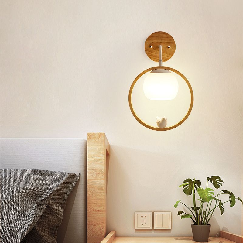 Modern Wood Wall Sconce Circle Shape Wall Light with Glass Shade for Living Room
