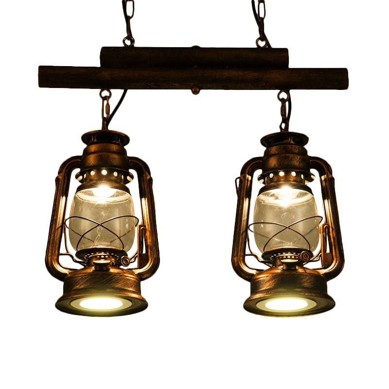 Bronze/Copper Lantern Island Light Fixture Coastal Clear Glass 2-Bulb Kitchen Hanging Lamp