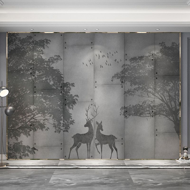 Traditional Deer and Forest Mural in Grey Non-Woven Fabric Wall Covering for Home Decor, Custom-Made