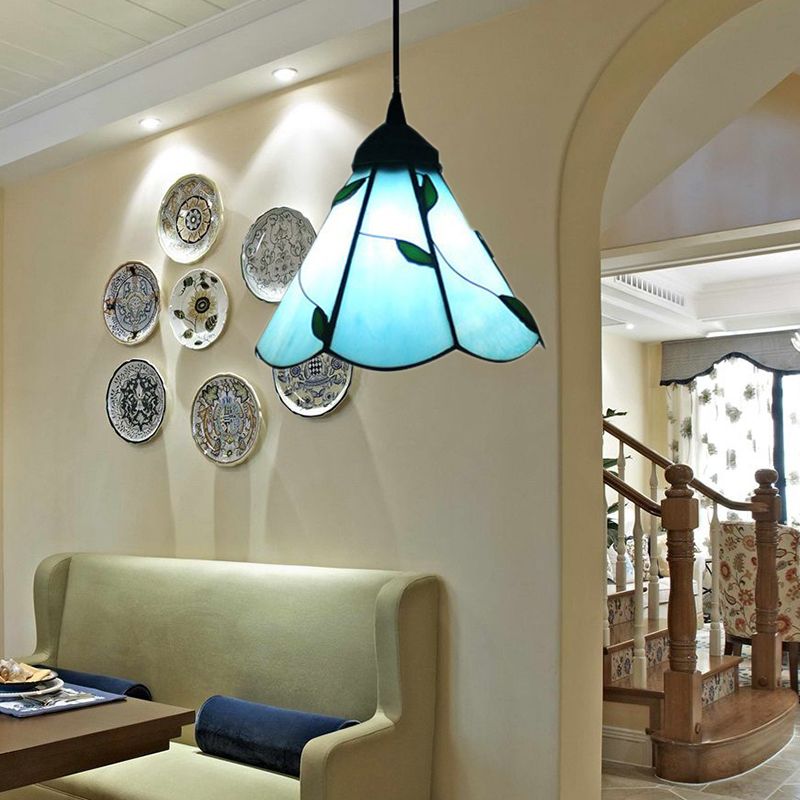 Stained Glass Blue/Beige Pendant Lamp Scalloped 3 Bulbs Tiffany Hanging Light Kit for Dining Room