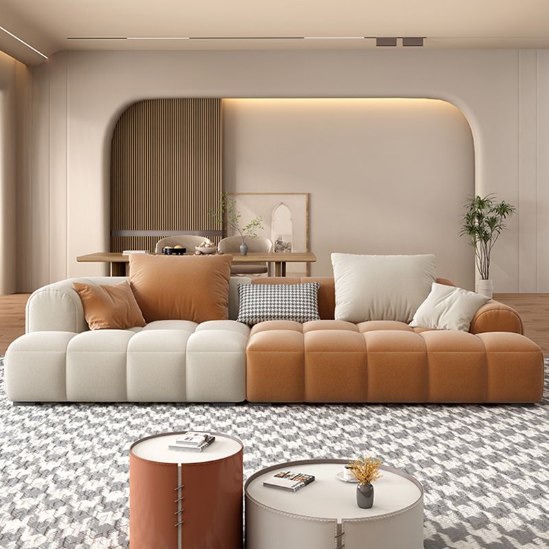 Recessed Arm Sofa Contemporary L Faux Leather Sofa with Pillows