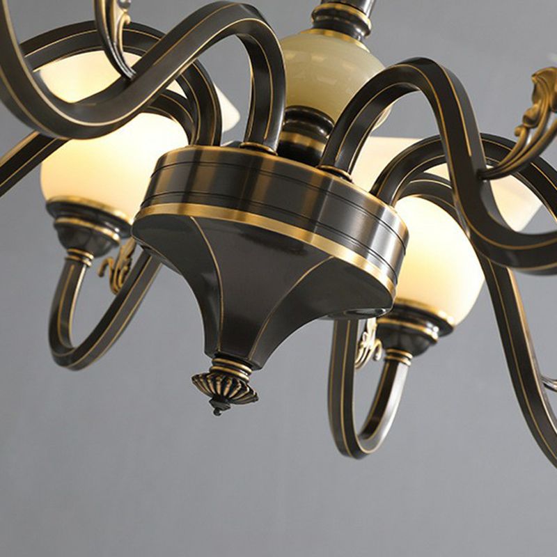 Black Ceiling Lighting Traditional Iron Curved Arm Chandelier Light Fixture with Flared Frosted Glass Shade