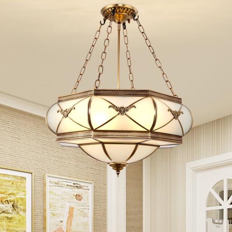 Brass 4 Heads Semi Flush Mount Lighting Traditional White Opal Glass Drum Close to Ceiling Lamp