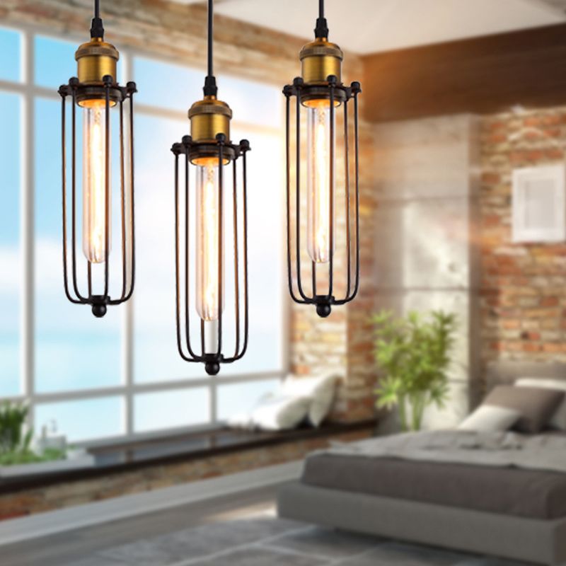 Vintage Industrial Cylindrical Wire Cage Pendant Light Black Metal Suspension Light for Living Room