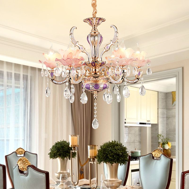 Rosa Rüschen florale Kronleuchter Licht Retro undurchsichtiges Glas Wohnzimmer Anhänger Licht mit hängenden Kristall