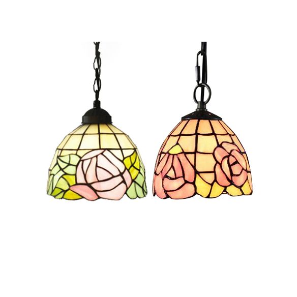 Pink-White/Green-pink Handcrafted Art Glass Domed Ceiling Light Tiffany 1 Bulb Hanging Light Kit with Adjustable Metal Chain