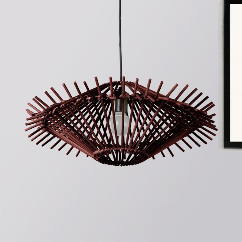 Beige/Brown Disc Pendant Light Rustic Single Bulb Bamboo Hanging Light Fixture for Restaurant Living Room