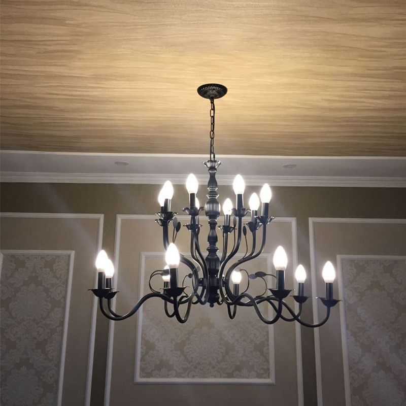 2-Layers Traditional Style Candlestick Styling Chandelier Black Wrought Iron Vintage Lighting Fixture for Living Room