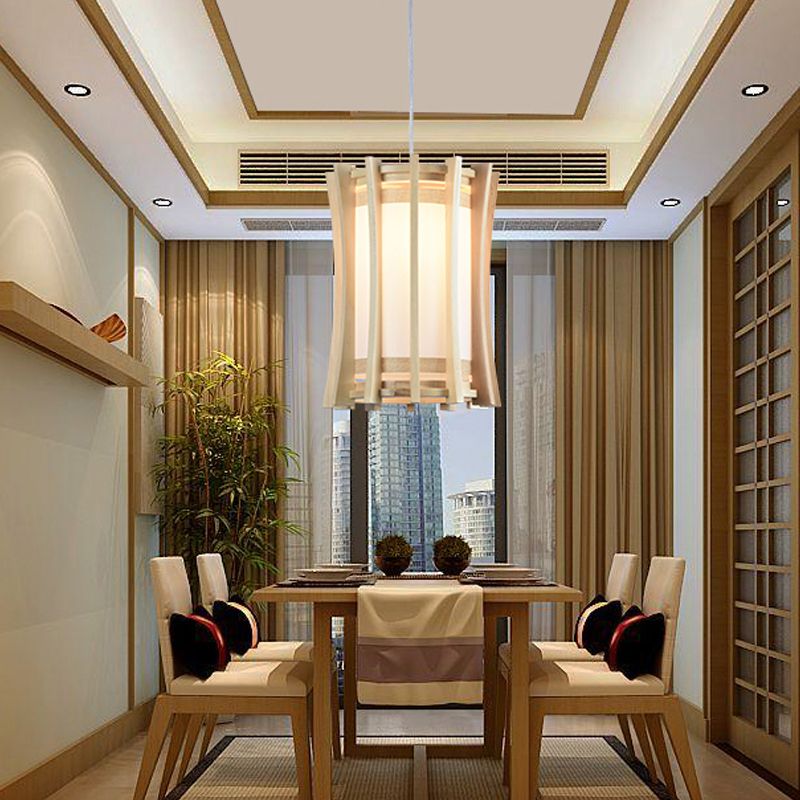 Cylindrical Pendant Light Fixture Asia PVC 1 Bulb Dinette Ceiling Lamp with Wood Cage in Beige