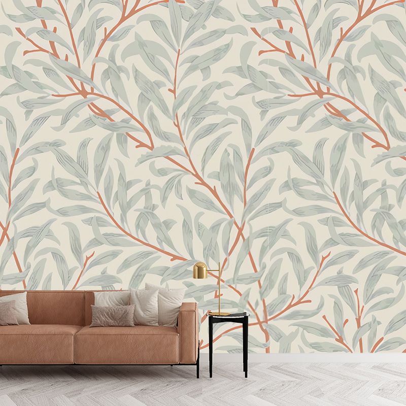 Beige and Green Plant Mural Personalized Size Leaves Wall Covering for Accent Wall