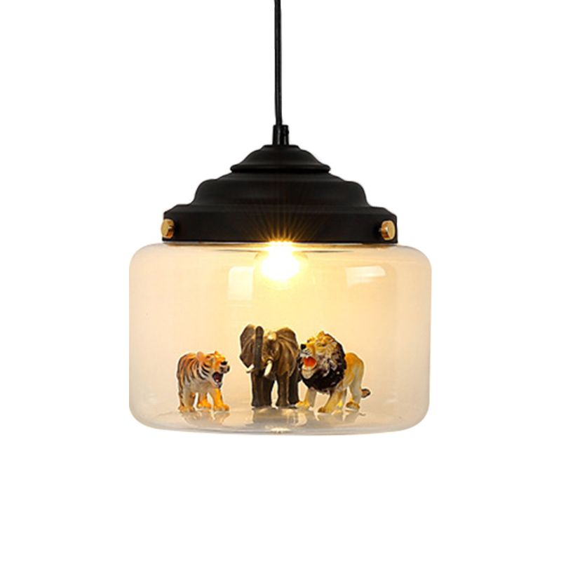 Jar Shaped Clear Glass Pendulum Light Nordic Style 1 Light White/Black Suspension Lamp with Animals Deco