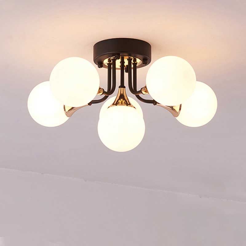 6/10/13 Lights Corridor Semi Flush Chandelier Milk White Glass Shaded Sphere Ceiling Mounted Light in Black