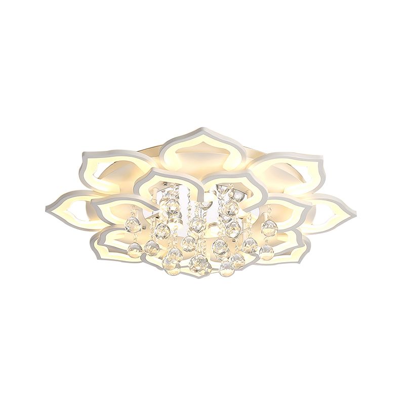 6/16/20 Lights Living Room Ceiling Light White Flush Mount Light Fixture in Warm/White Light with Floral Acrylic Shade and Crystal Drop