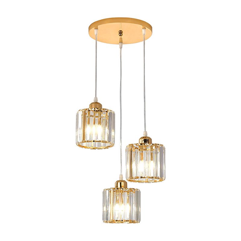 Cube Shaped Multi Ceiling Lamp Simplicity Crystal 3 Bulbs Dining Room Suspension Light Fixture in Gold
