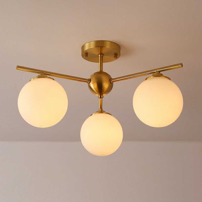 Globe Ceiling Flush Light Simplicity Milk Glass 3-Bulb Antiqued Gold Semi Flush Mount Light