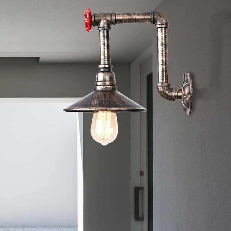 Metallic Saucer Wall Lamp Fixture Warehouse 1 Bulb Corridor Wall Mount Light with Red Valve and Pipe in Antique Bronze