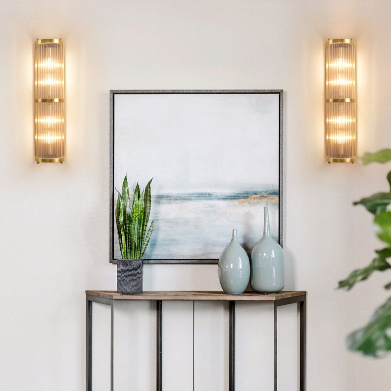 Luces de apliques cilíndricos cristalínicos transparentes Estilo moderno Lámpara de montaje de pared de 2 luces en oro