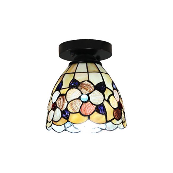 Tiffany Style Domed Ceiling Light Stained Glass 1 Bulb Flush Mount Ceiling Light with Flower Pattern in Black/Chrome Finish