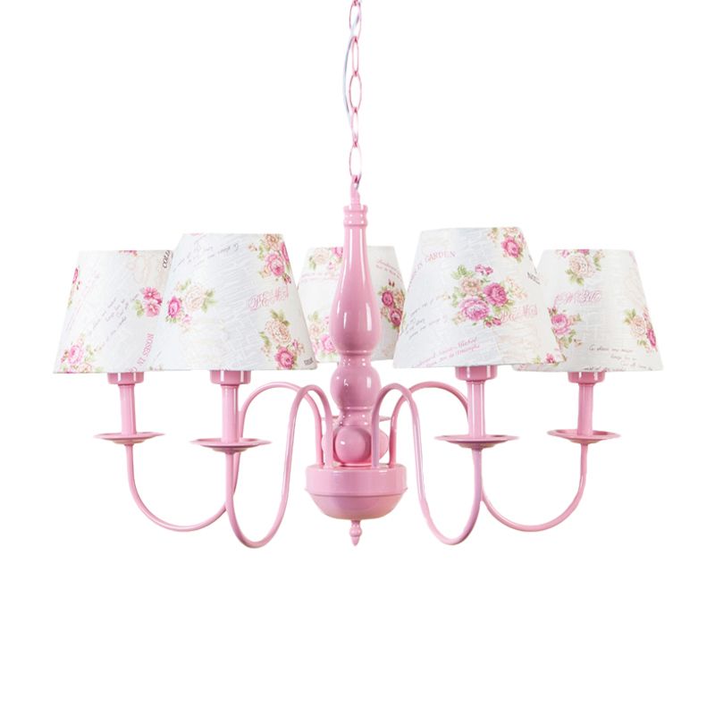 5 Bulbs Blossom Hanging Lamp with Fabric Shade Kids Metal Chandelier in Pink for Kindergarten