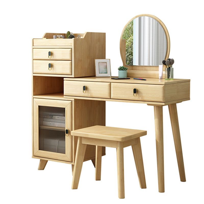 Rubberwood Vanity Set with Stool and Mirror Scandinavian 4 Drawers Dresser