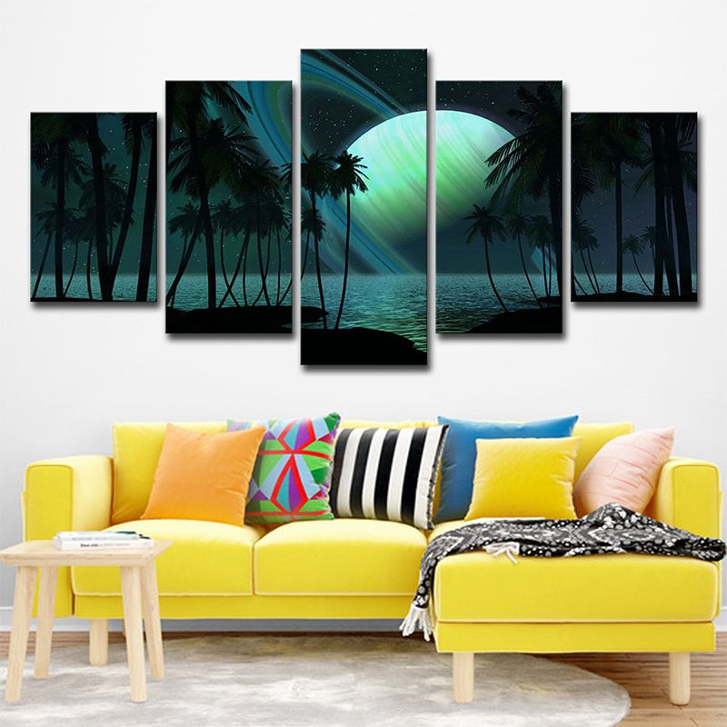 Tropics Night Seascape Canvas Green Ringed Planet Wall Art Print for Family Room