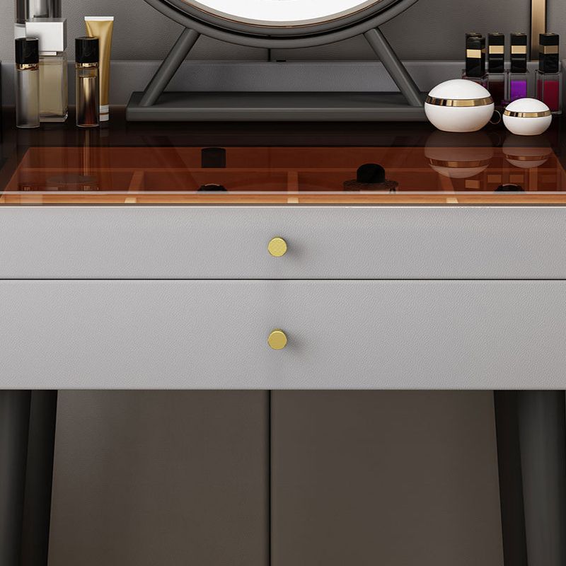 Contemporary 2-Drawer Vanity Makeup Table Set Glass Top Dressing Table Stool Set