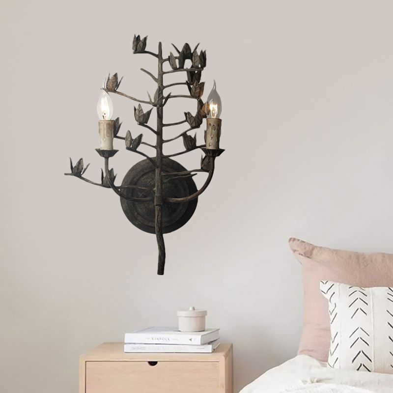 Branch Metallic Wall Mount Lamp Rustic 2 Lights Bedroom Sconce Light Fixture in Dark Gray