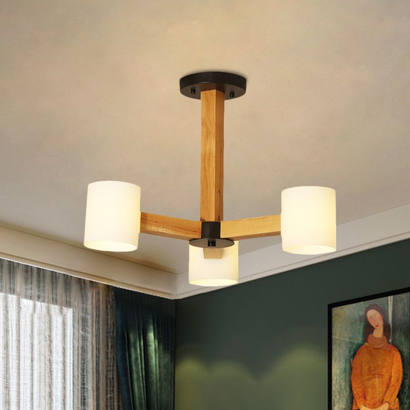White Cylindrical Shade Pendant Lighting Japanese Stylish Glass & Wood Chandelier for Bedroom