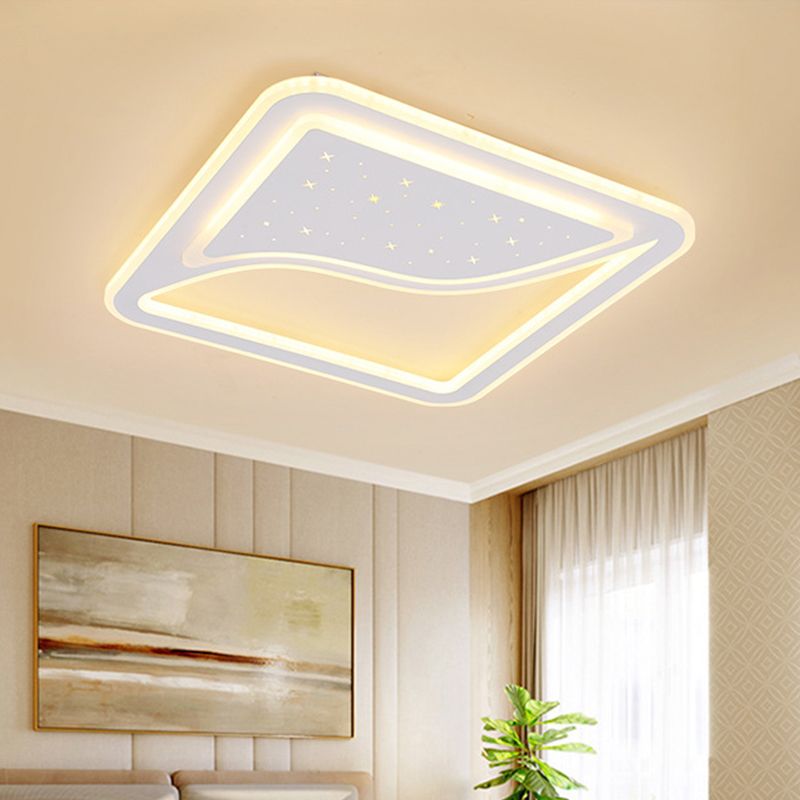 White Square/Rectangular LED Ceiling Lamp 19"/35.5" W Modernist Acrylic Curved Starry Sky Design Flush Lighting, Warm/White Light
