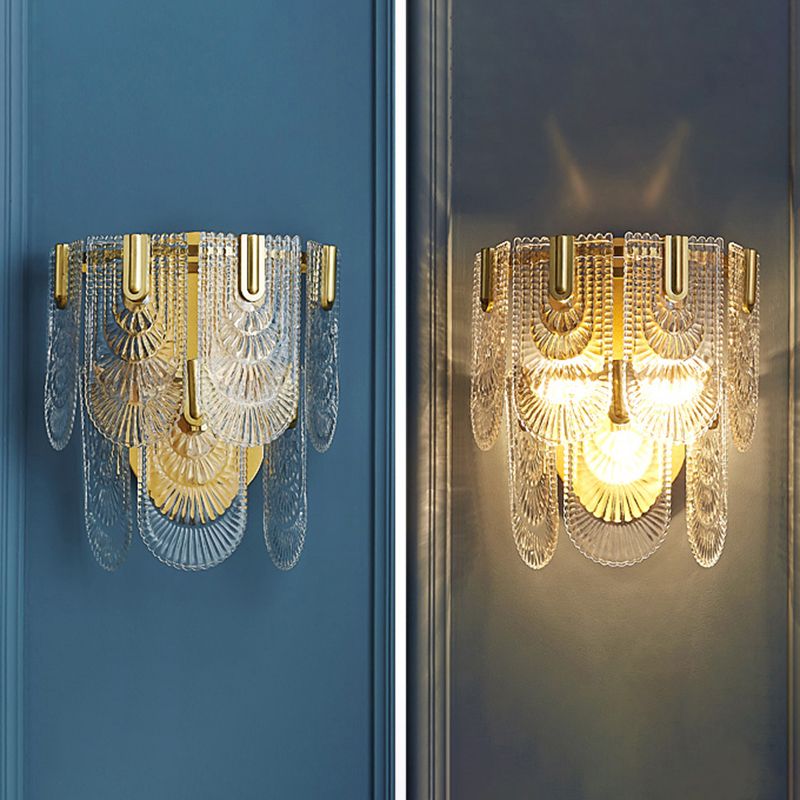2-Layer Wall Mounted Lamp Modern Carved Glass 3-Light Gold Wall Sconce for Living Room