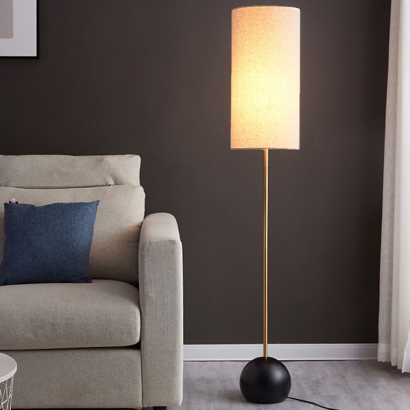 1-Light Living Room Standing Floor Lamp Minimalism Flaxen/Beige Stand Up Light with Cylindrical Fabric Shade
