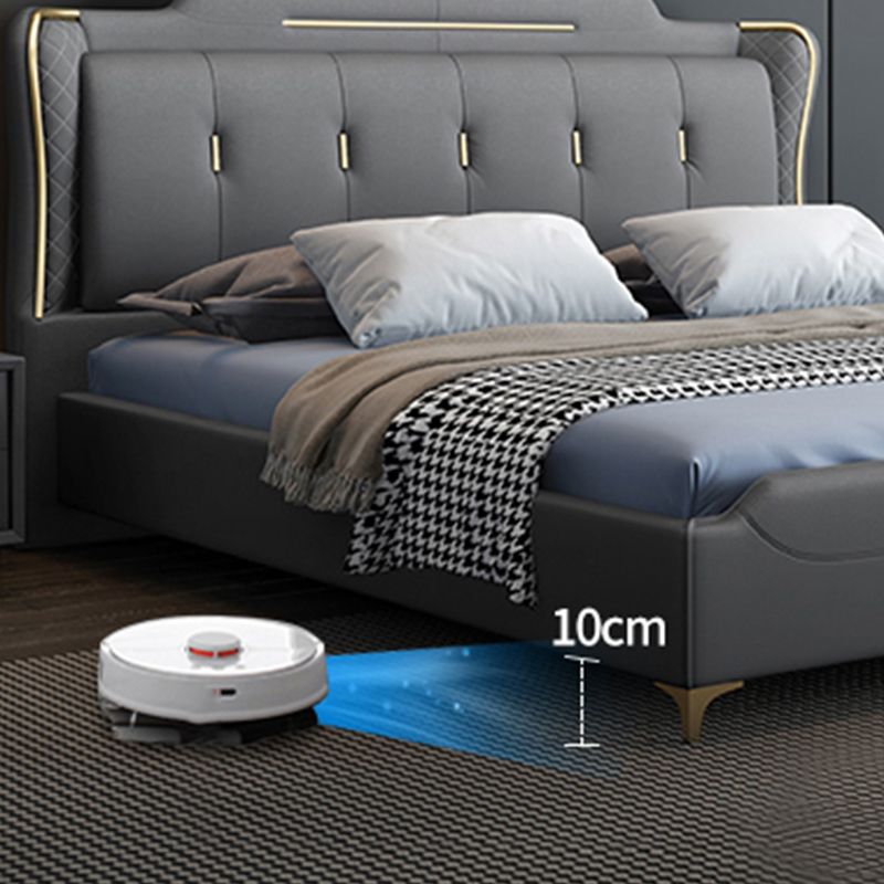 Faux Leather Glam Panel Bed with Wooden Upholstered Headboard