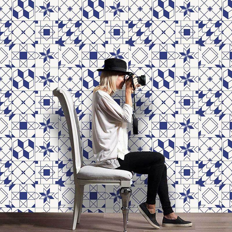 Modern Geometric Tiles Wallpaper Panels Blue-White Peel and Stick Wall Art for Living Room