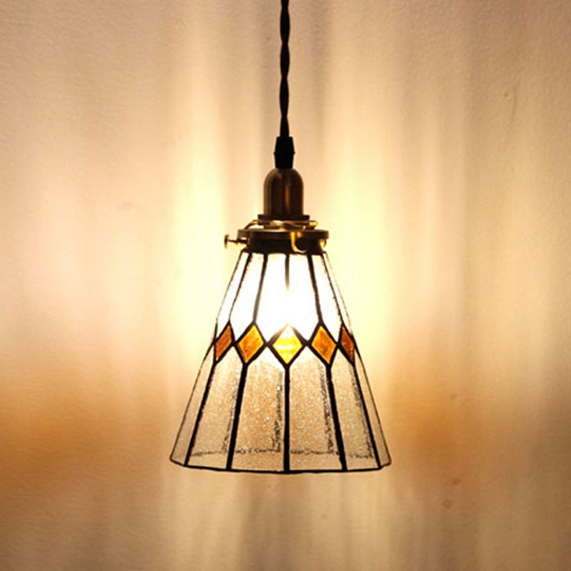 Vintage Conical Pendant Lamp 1-Light Tiffany Glass Hanging Light Fixture in Brass