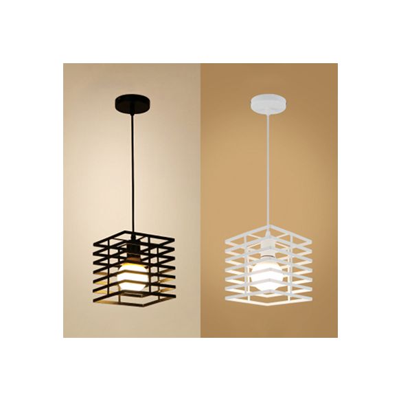 Squared Cage Restaurant Ceiling Pendant Light Retro Style Metal 1 Light Black/White Hanging Lamp