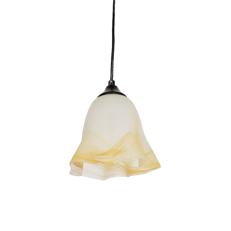 Contemporary 1-Light Down Light with White Frosted Glass Shade Black Floral Ceiling Hang Fixture