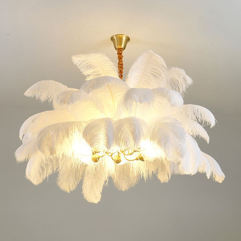 Ostrich Feather Ceiling Chandelier Modern Nordic Creative 6 Light Hanging Ceiling Light for Bedroom