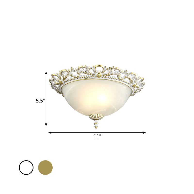 2/3-Light Opal Frosted Glass Flushmount Countryside Brass/White Floral-Trim Dome Hallway Ceiling Lamp, 11"/19.5" Wide
