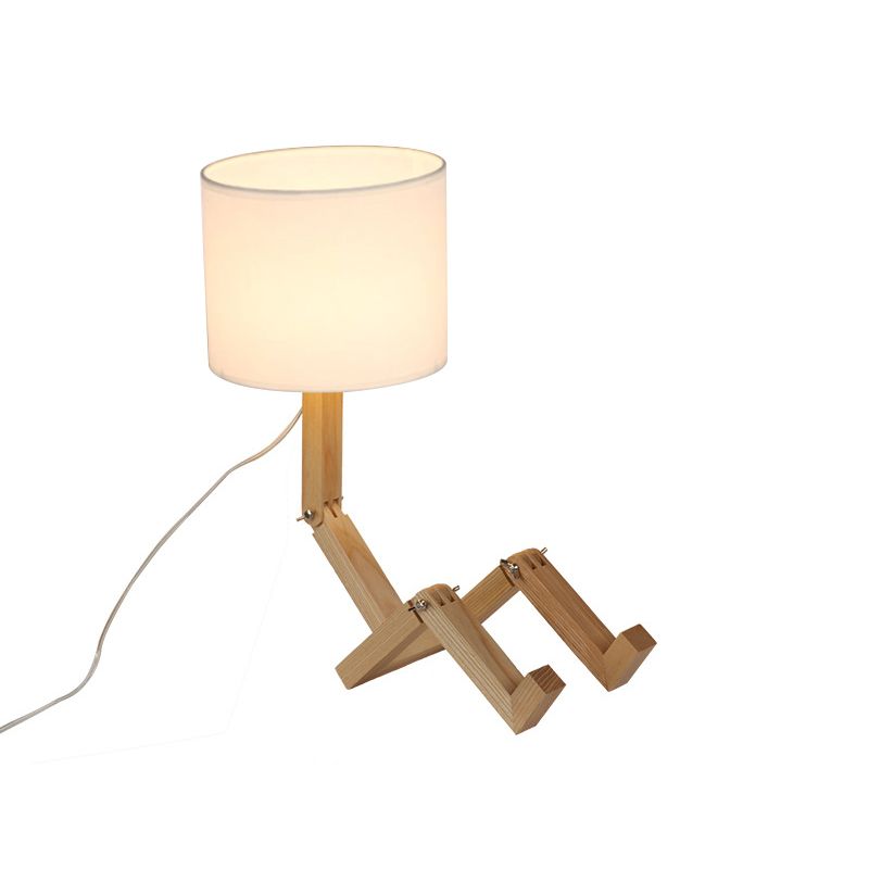 Man-Shaped Table Lamp Novelty Modern Wood Single Beige/Black/White Night Light with Book Rack Design and Cylinder Fabric Shade