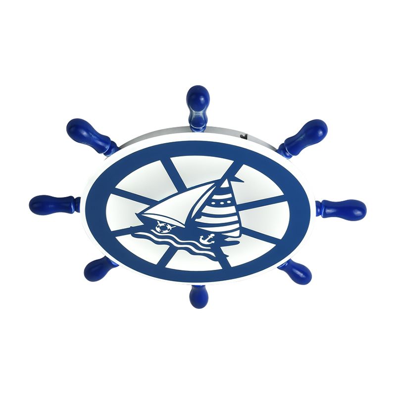 Nautical Rudder Flushmount Lighting Acrylic Boys Bedroom LED Close to Ceiling Lamp in Blue, Warm/White Light