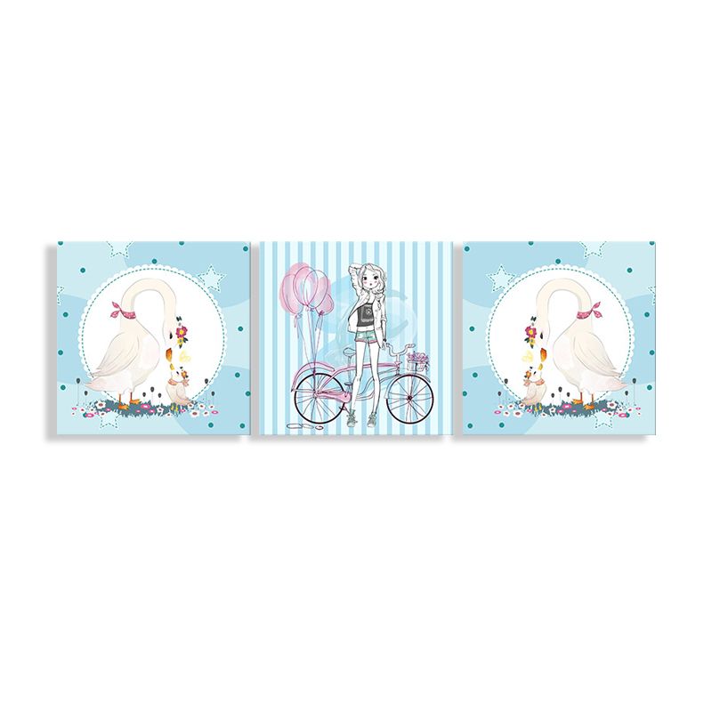 Girl and Swan Wall Art Decor Cartoon Textured Kids Play Room Canvas Print, Set of 3